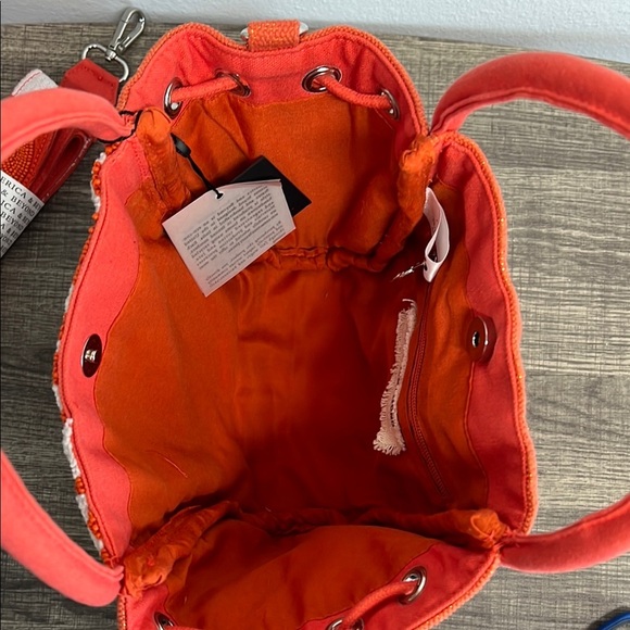 American & Beyond |Orange Beaded Mini Tote/Bucket Bag w/ Beaded Crossbody Strap - Picture 8 of 11